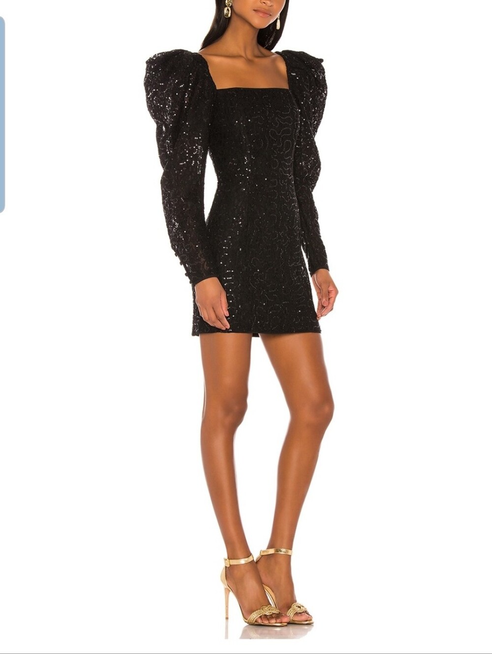 LPA Black Sequin Long-Sleeve Puff-Sleeve Mini Dress